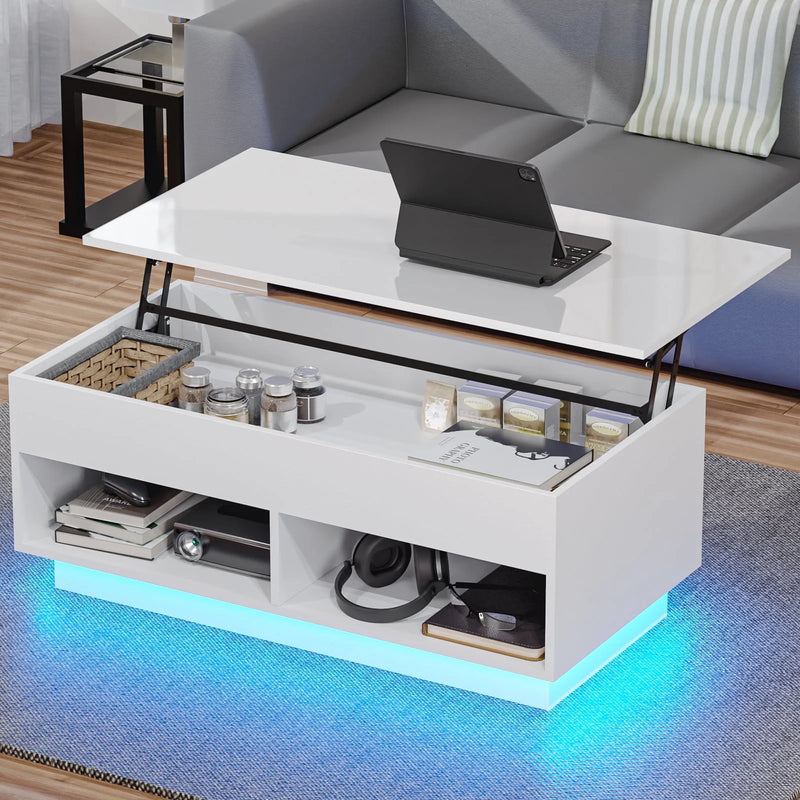 LED Lift Top Coffee Table with Hidden Compartment High Gloss White Coffee Tables Center Rising Cocktail Table for Living Room Accent Furniture - Puck's