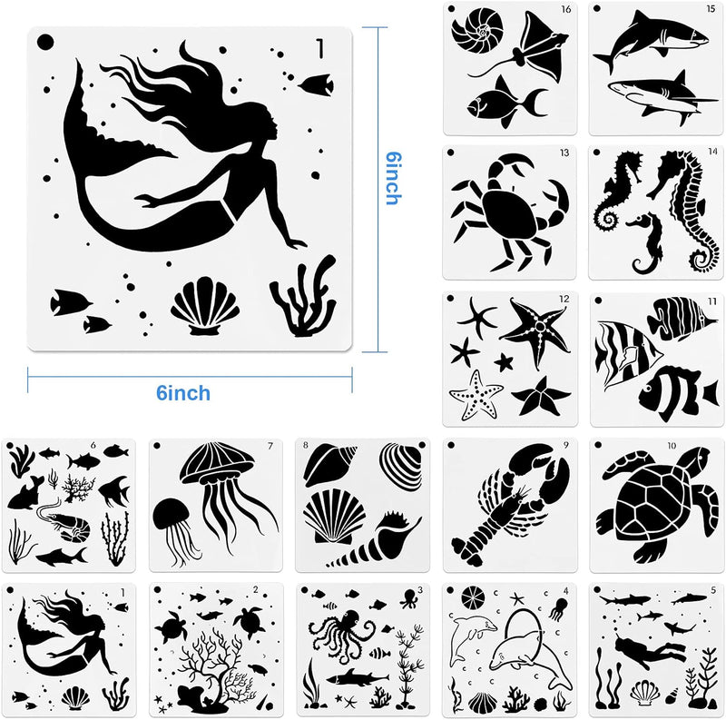16 Pack (6X6Inch) Reusable Ocean Creatures Stencil Sea Animal Painting Stencils Laser Cut Painting Template for Floor Wall Tile Fabric Furniture Stencils Painting - Puck's