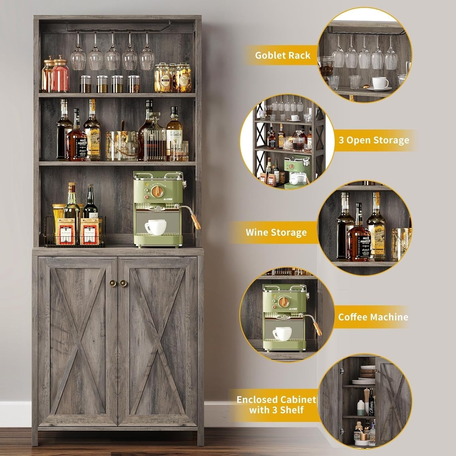 67" Tall Wine Bar Cabinet for Liquor and Glasses, Farmhouse Kitchen - Puck's