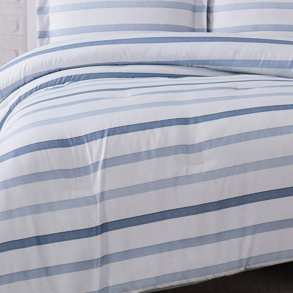 Waffle Stripe Twin XL 2-Piece White/Blue Comforter Set