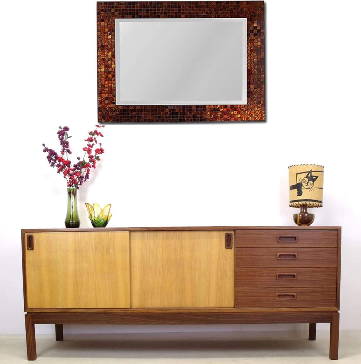 , Decorative Handmade Amber Rectangle Mosaic Beveled Wall Mirror, Frame Measures 31" X 23.5", Beveled Mirror Measures 24" X 15.5" Perfect for Housewarming Gift. (LP307) - Puck's