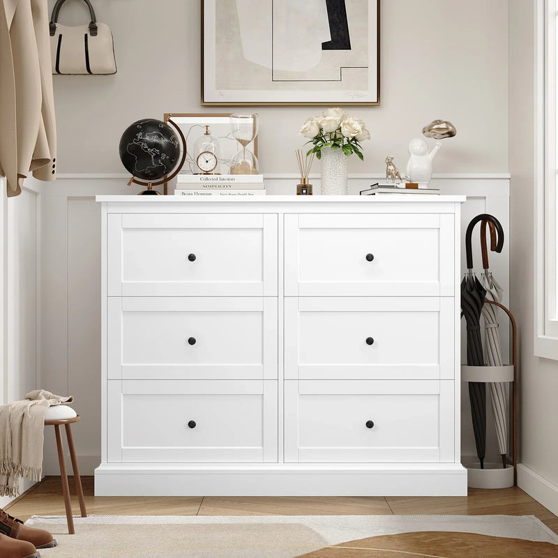 White Dresser with 6 Drawer , 42.5" Wide Double Dresser for Bedroom, Wooden Dresser Chest of Drawers - Puck's