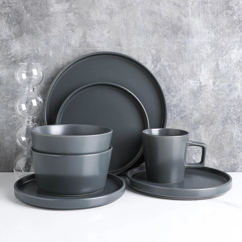 Celina 16-Piece Stoneware round Dinnerware Set, Service for 4, Gray Matte - Puck's