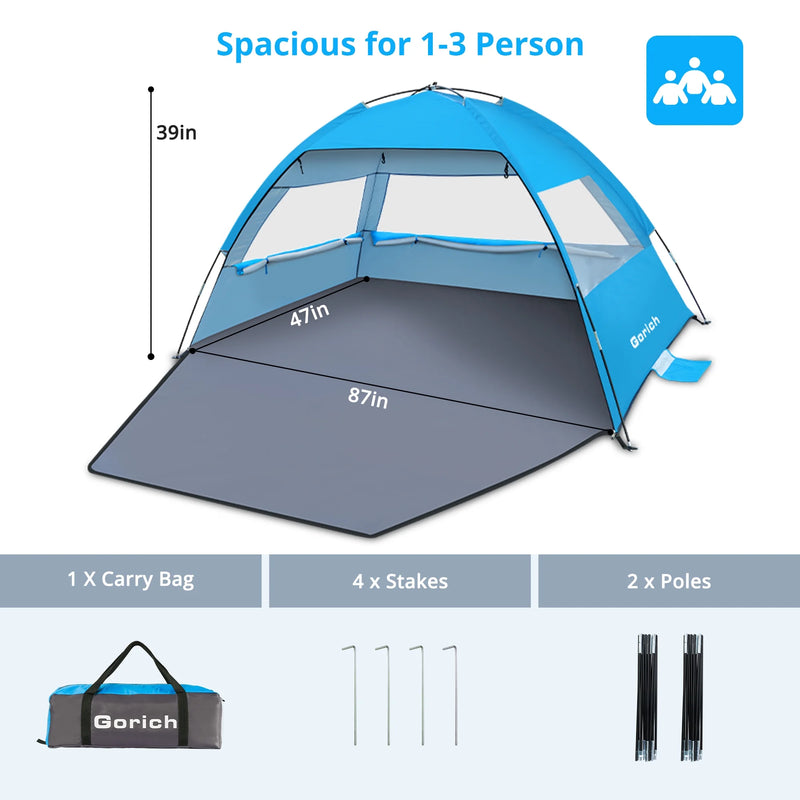 Beach Tent for 3/4/6/8 Person, UPF 50+ UV Protection, Portable Sun Shelter, Easy Setup Sun Shade Beach Canopy with Carry Bag