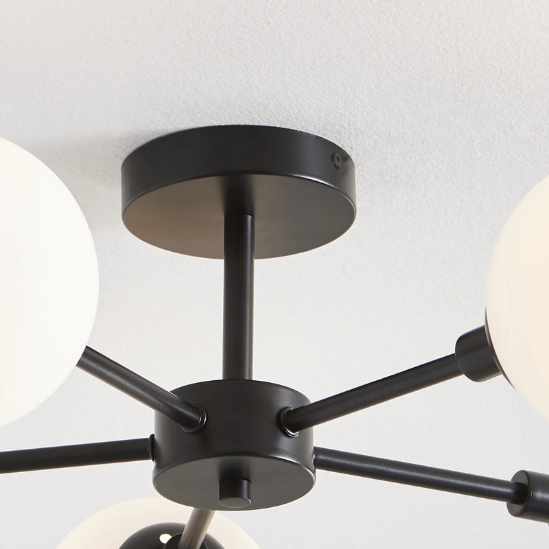 26" Architectural 5-Globe Ceiling Light, Black Finish Frosted Glass Shades - Puck's