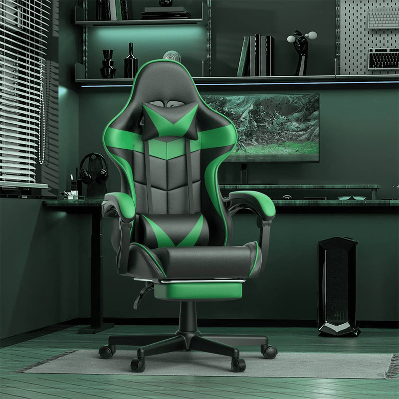 Gaming Chair with Footrest, Ergonomic Swivel Computer Game Chair, Gamer Chair with Headrest & Massage Lumbar Support, Office Desk Chairs, Green - Puck's