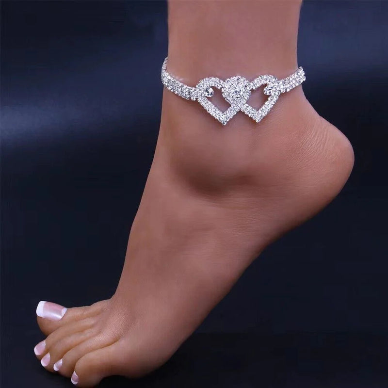 Double Heart Anklet Bracelet Love Barefoot Chain Bling Crystal Ankle Bracelet US - Puck's