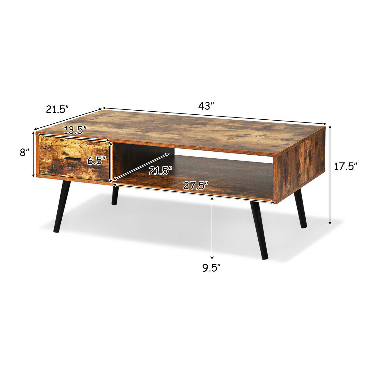 Retro Coffee Table Mid Century Modern Living Room Furniture W/Open Storage Shelf - Puck's