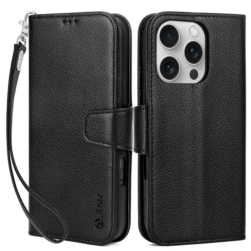 Arae Compatible with iPhone 16 Pro Case Wallet with Card Holder, Wristlet Strap Wallet Flip Cover for iPhone 16 Pro 6.3 inch Men/Women, RFID Blocking, Kickstand, Litchi Cyan - Puck's