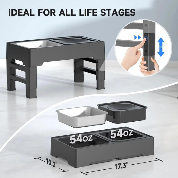 2-In-1 Elevated Dog Bowls 4 Height Adjustable Raised Dog Bowls No Spill Dog Water Bowl & Stainless Steel Dog Food Bowl Stand - Puck's