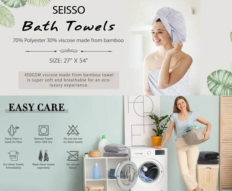 2-Pack 27" X 54" Bath Towels 30% Bamboo Viscose Ultra Soft & Highly Absorbent Solid Premium Bath Towels for Bathroom, Hotels, Spa and Gym, Light Gray - Puck's