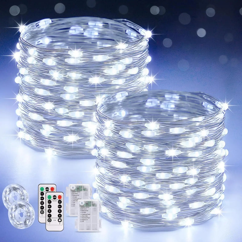 2 Pack Fairy Lights Battery Operated, Total 400 LED 132Ft Outdoor Fairy String Lights with Remote, 8 Modes Copper Wire Twinkle Lights for Bedroom Tree Wall Patio outside Decor, White - Puck's