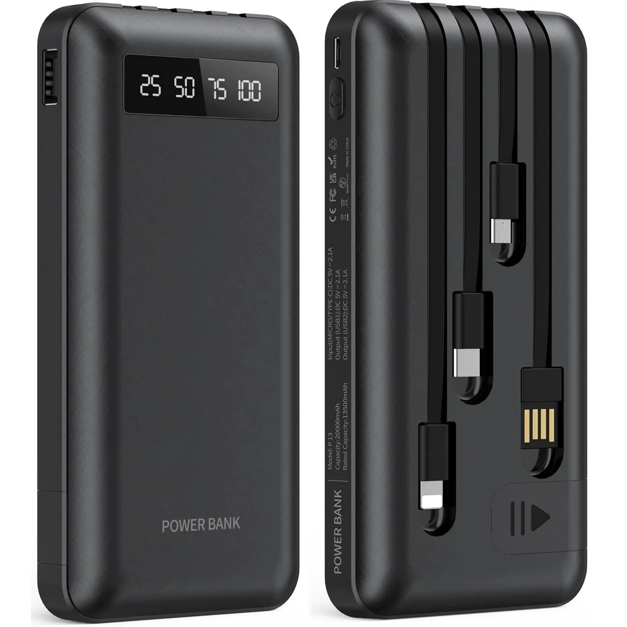 20000Mah Power Bank Portable Charger with Cables, USB Battery Pack for Iphone & Android Cell Phone - Puck's