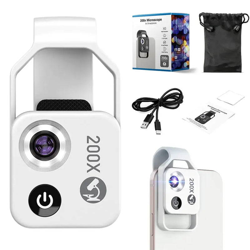 200x Magnification Zoom, 2024 New Pocket HD Phone Microscopes with LED Light Cell Phone Lens Attachments, Portable Microscopic Lens for Cell Smartphone (White) - Puck's