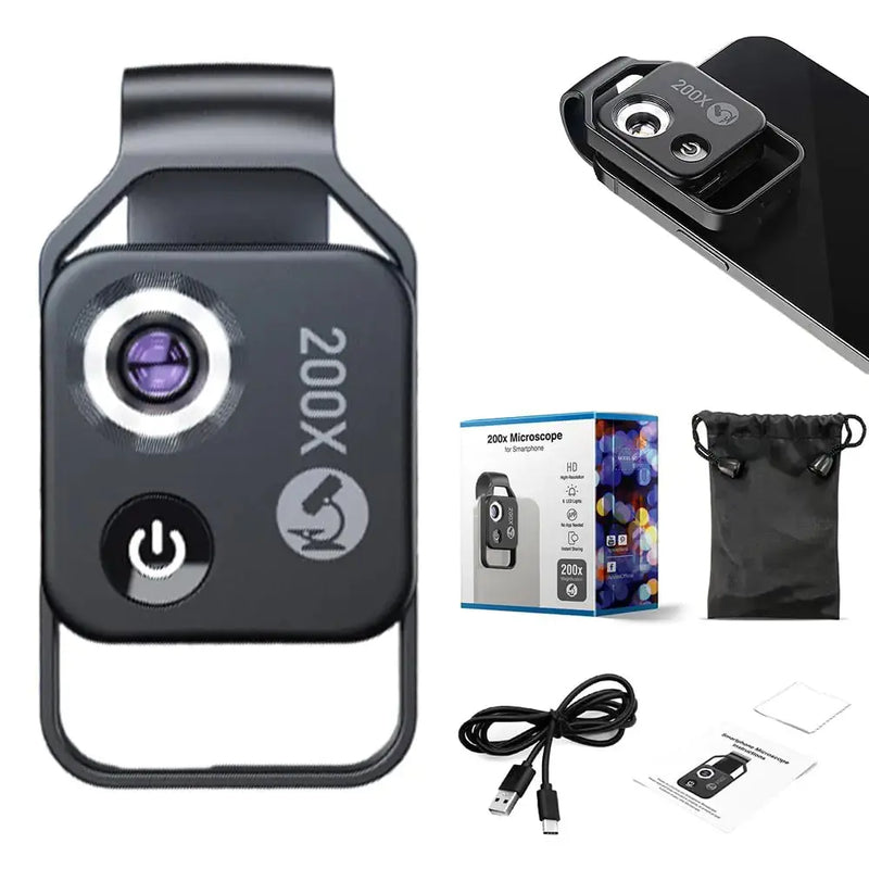 200x Magnification Zoom, 2024 New Pocket HD Phone Microscopes with LED Light Cell Phone Lens Attachments, Portable Microscopic Lens for Cell Smartphone (White) - Puck's