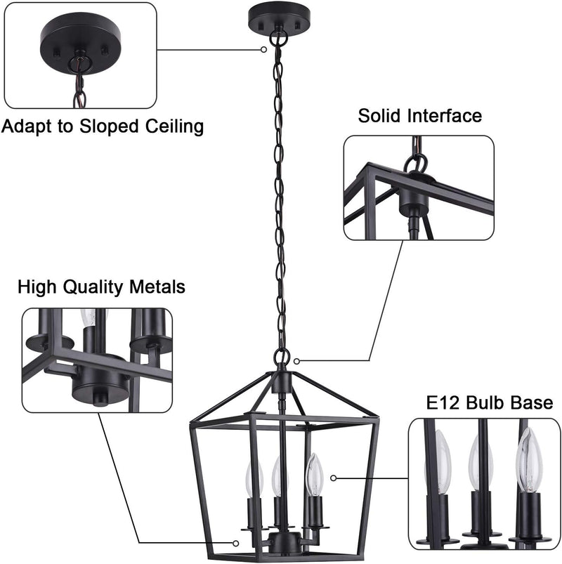 3-Light Industrial Pendant Light Metal Lantern Pendant Lighting Cage Chandelier Adjustable Farmhouse Chandelier for Kitchen Island Foyer Living Room Bar Restaurant,Matte Black - Puck's