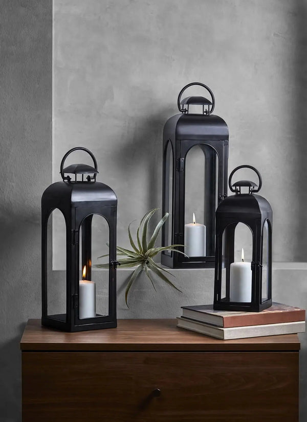 20" Decorative Black Metal Pillar Candle Holder Lantern, Large - Puck's