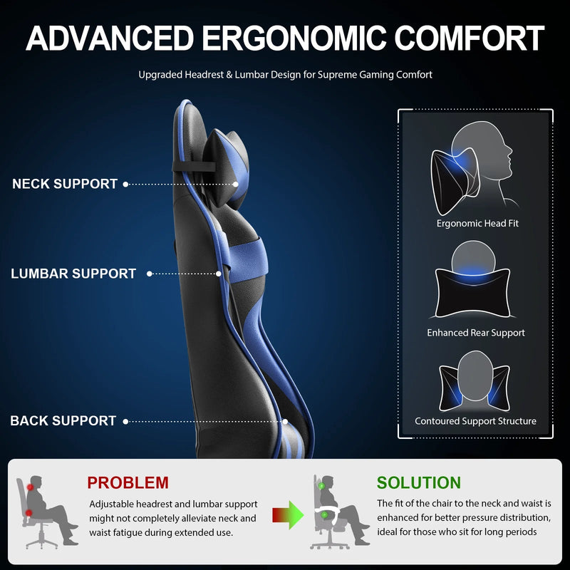 Gaming Chair with Footrest, Ergonomic Office Chair High Back with Headrest & Massage Lumbar Support, Swivel Leather Chairs, Blue - Puck's
