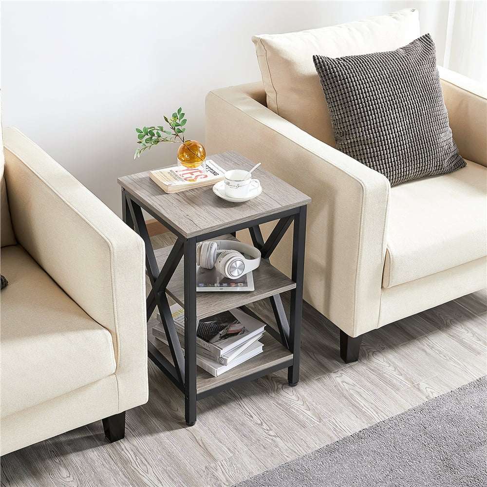 3 Tier X Frame Side Table for Living Room, Gray - Puck's