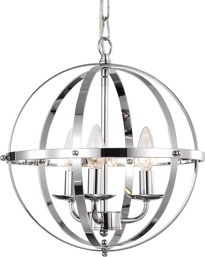 Modern Orb Chandelier - Small Globe Chandelier for Foyer, 3 Light Chrome Pendant for Kitchen - Puck's