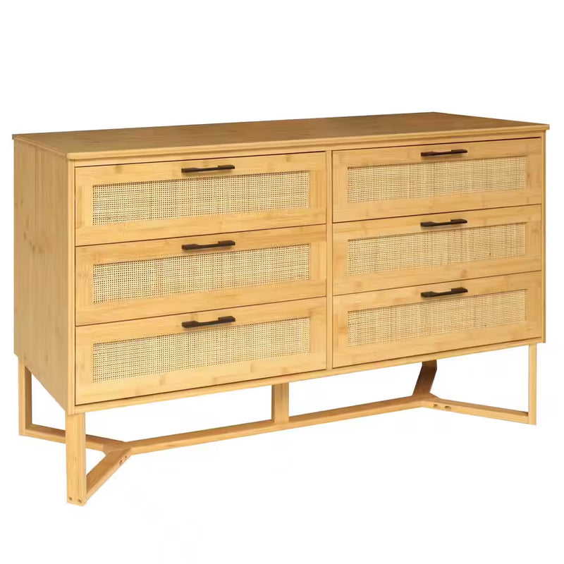 Gele bamboe 6-ladenkast 47.4 In. B Commode Rotan met Unieke Basis (29.7 In. H X 15.8 In. L) - Puck's
