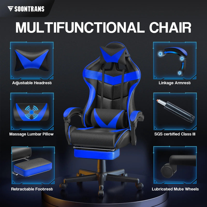 Blue Gaming Chair with Footrest, Office Chair with Massage Lumbar Support & Adjustable Headrest, High Back Comuputer Chair, Ergonomic Game Gamer Chair for Adults Kids, Blue - Puck's