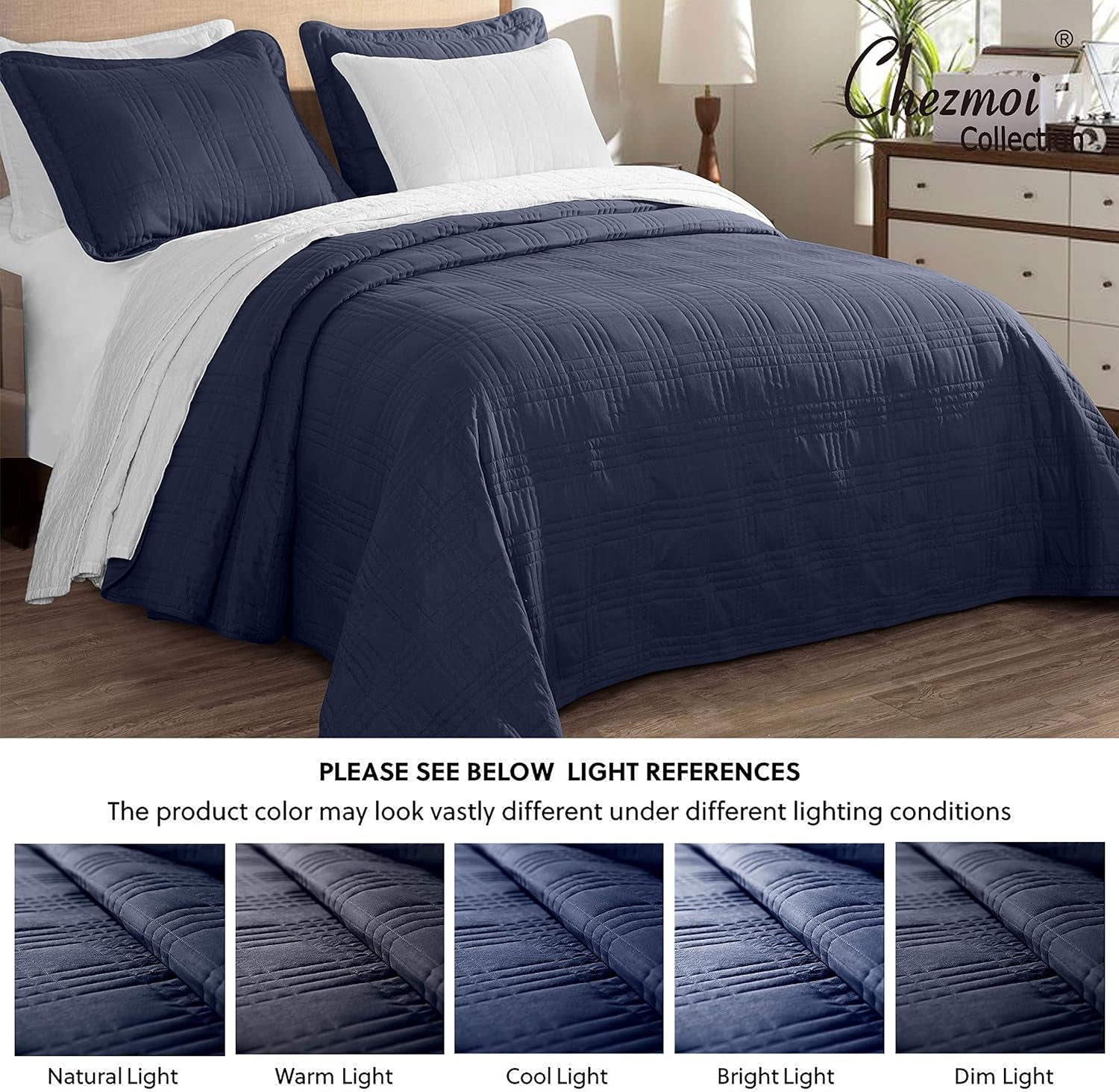 Kingston Queen Size Bedspread Set, 3-Piece Navy Oversized Quilted Microfiber Lightweight Bedspread Coverlet (100"X106") for All Seasons - Puck's