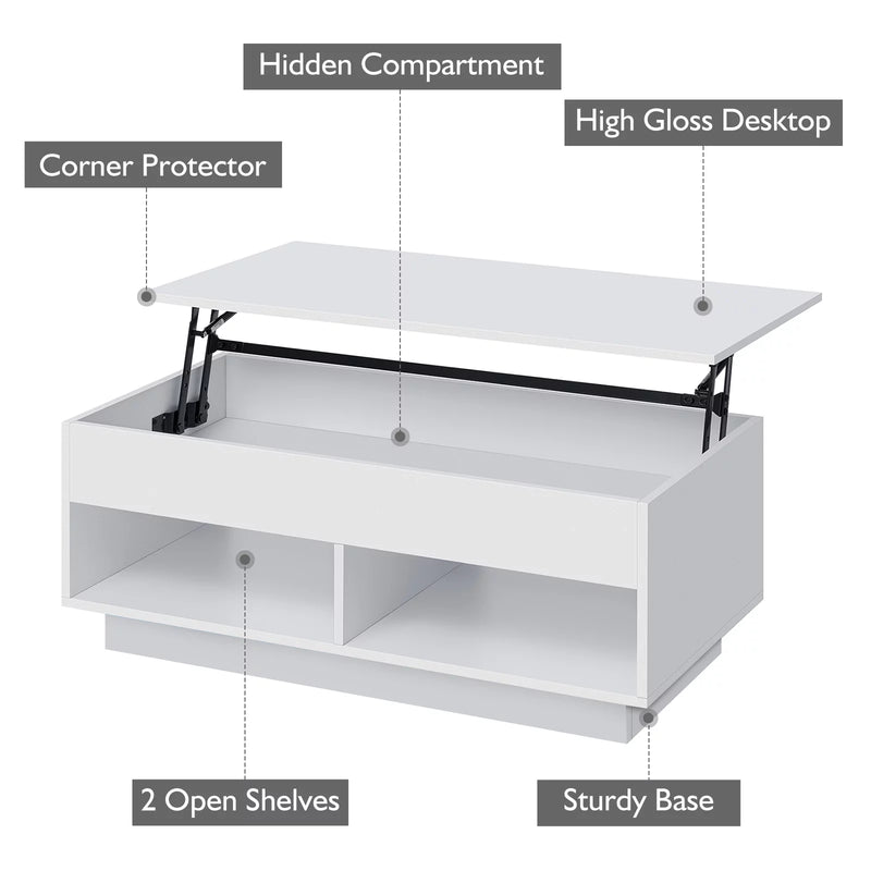 LED Lift Top Coffee Table with Hidden Compartment High Gloss White Coffee Tables Center Rising Cocktail Table for Living Room Accent Furniture - Puck's
