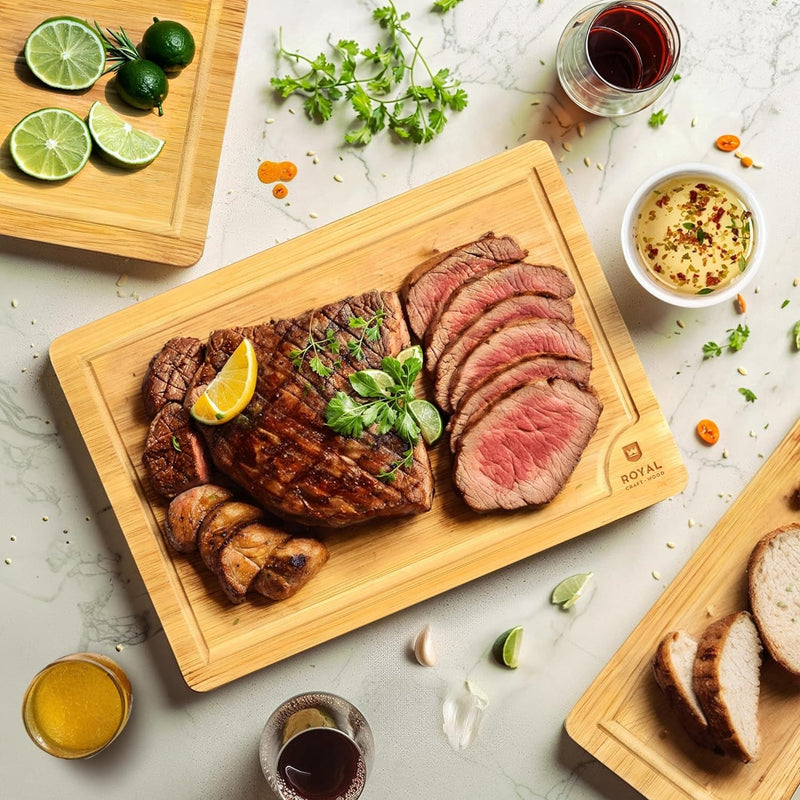 Wooden Cutting Boards for Kitchen Meal Prep & Serving - Bamboo Wood Cutting Board Set - Charcuterie & Chopping Butcher Block for Meat - Kitchen Gadgets Gift - Puck's