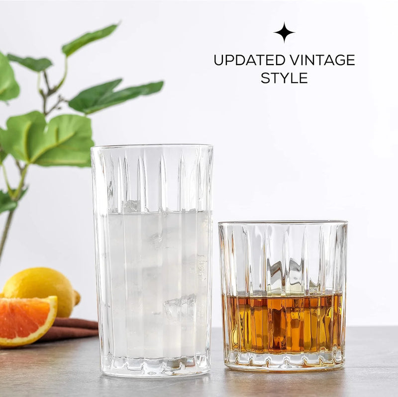 Alina Clear Ribbed Glass Drinking Glass Set, Highball Glasses and Tumbler Glasses - Set of 8 - Puck's