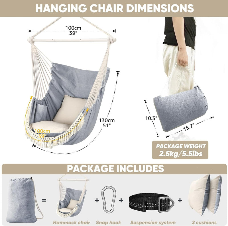Hammock Chair Hanging Swing Max 500 Lbs 2 Cushions Included Steel Spreader Bar with Anti-Slip Grooves Portable Hanging Chair Side Pocket Large Macrame Bohemian Chair Indoor Outdoor - Puck's