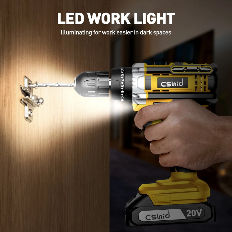 20V Cordless Power Drill Set, Drill Kit with 1 Lithium-Ion & Charger, 3/8" Keyless Chuck, Electric Drill W/ 2 Variable Speed & LED Light, 25+1 Position and 34Pcs Drill/Driver Bits(Yellow) - Puck's