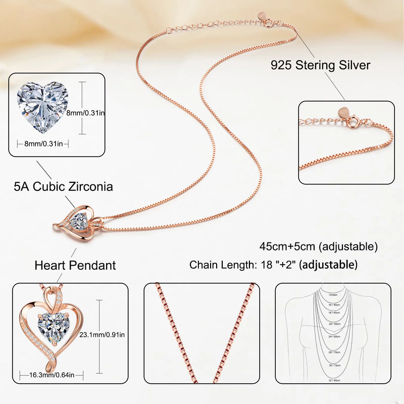 Heart Necklaces for Women 925 Sterling Silver Pendant Necklace Rose Gold White Gold/14K Gold Plated Love Necklace for Her Girlfriend Wife Valentines Day Birthday Women Jewelry Gifts 18"+2" - Puck's