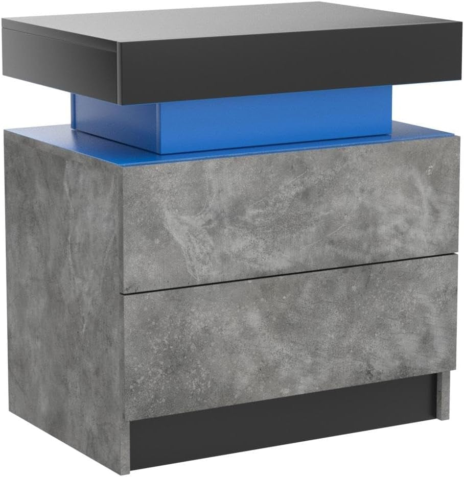 Bedside Table with 2 Drawers, LED Nightstand Wooden Cabinet Unit with LED Lights for Bedroom, End Table Side Table for Bedroom Living Room, Grey - Puck's