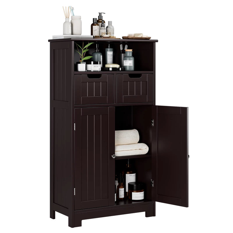 Bathroom Cabinet, Floor Storage Cabinet with 2 Doors and 2 Drawers, Free Standing Wooden Storage Organizer for Living Room, Dark Brown - Puck's