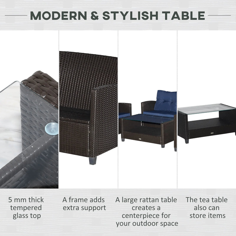 Outsunnny 4 Piece Patio Furniture Set, Outdoor Wicker Loveseat Sofa & Chairs, with 2-Tier Coffee Table & Tufted Cushions, Navy Blue - Puck's