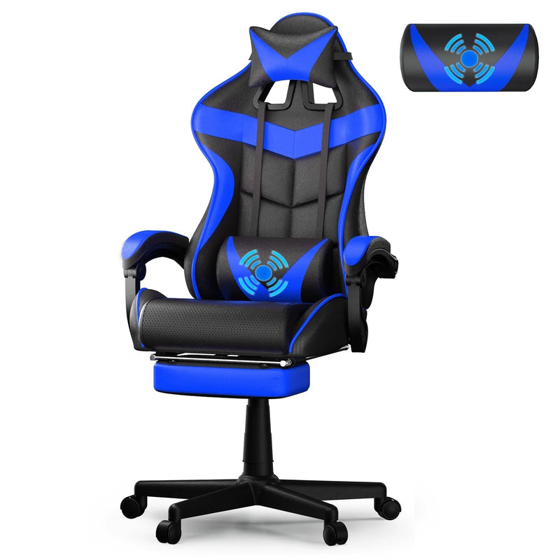Blue Gaming Chair with Footrest, Office Chair with Massage Lumbar Support & Adjustable Headrest, High Back Comuputer Chair, Ergonomic Game Gamer Chair for Adults Kids, Blue - Puck's