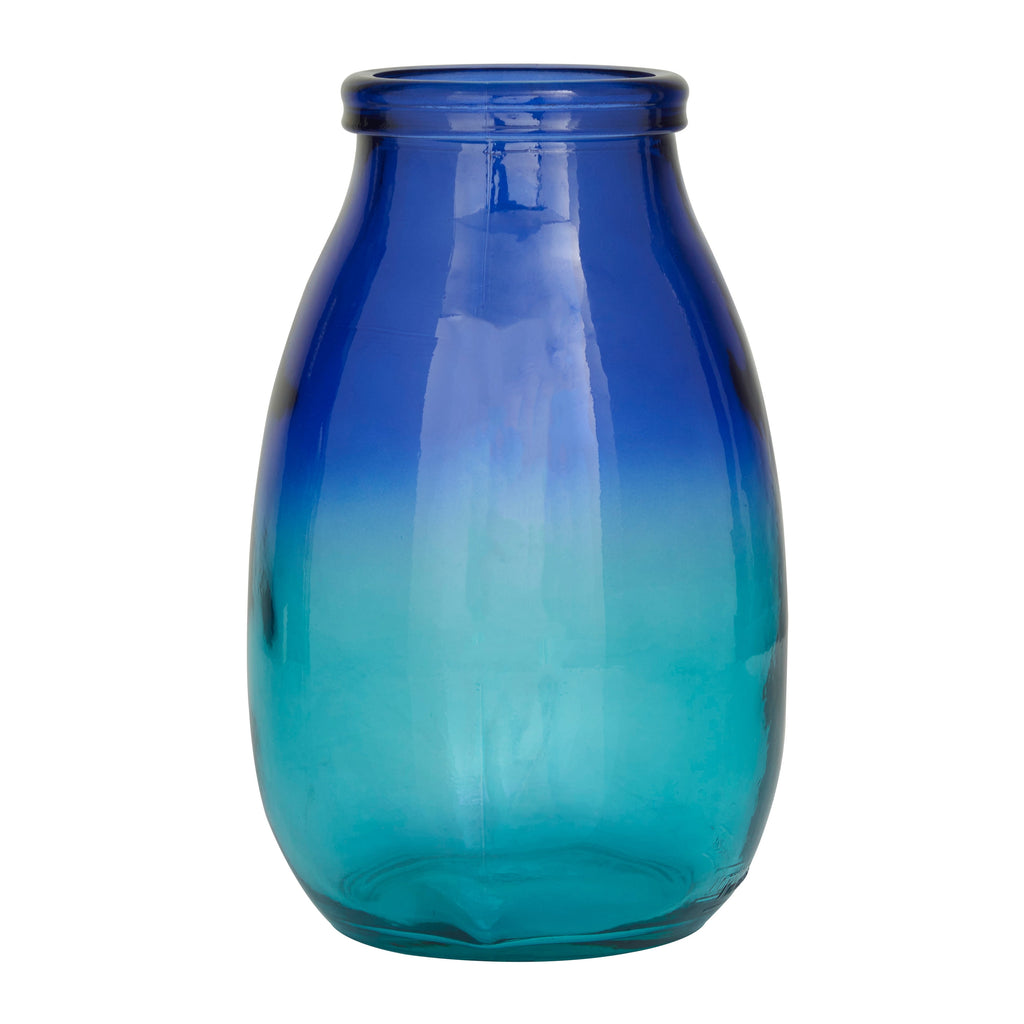 Recycled Glass Bottle Vase Collection Made in Spain - Multiple Sizes - Clear, Blue, Teal, Green Gradient Blue - Jar 6.85W X 6.75L X 10.90H - Puck's