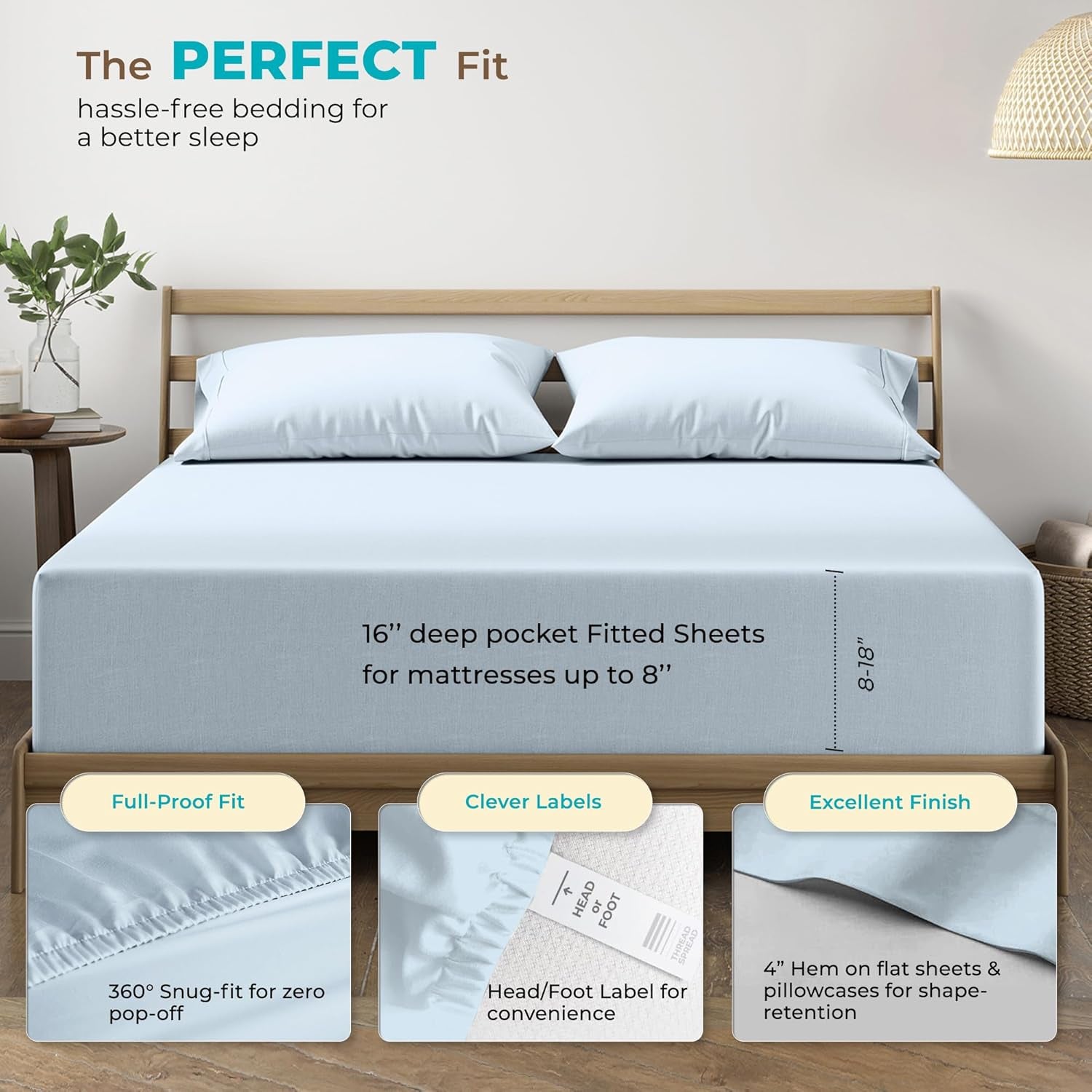 100% Egyptian Cotton Sheets California King Size - 800 Thread Count 4 PC Luxury Cal King Sheets, 16" Deep Pocket Hotel Sheets, Sateen Weave, Extra Soft Cooling Bed Sheet Set - Light Blue - Puck's