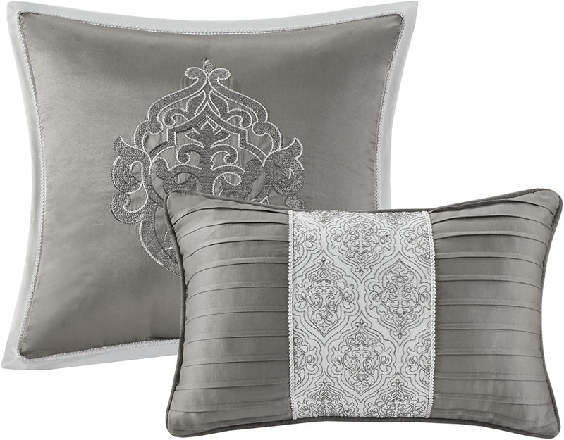 Tesla Cozy Comforter Set Jacquard Damask Medallion Design - All Season down Alternative Bedding, Shams, Bedskirt, Decorative Pillows, Queen, Silver 6 Piece - Puck's