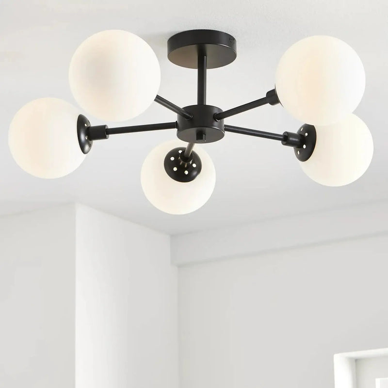 26" Architectural 5-Globe Ceiling Light, Black Finish Frosted Glass Shades - Puck's