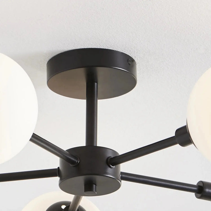 26" Architectural 5-Globe Ceiling Light, Black Finish Frosted Glass Shades - Puck's