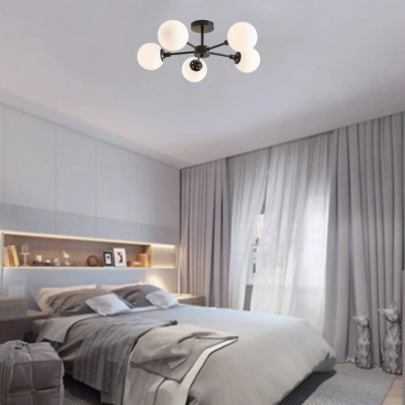26" Architectural 5-Globe Ceiling Light, Black Finish Frosted Glass Shades - Puck's