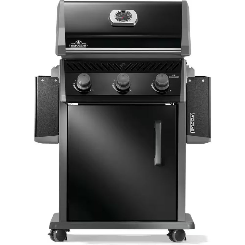 Rogue 425 3-Burner Propane Gas Grill in Black with Cast Iron Cooking Grids