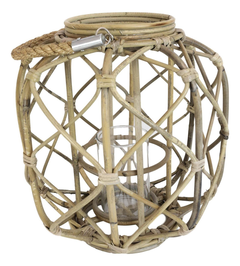 15"H Rustic Farmhouse Brown Woven Rattan Candle Lantern with Jute Rope Handle - Puck's