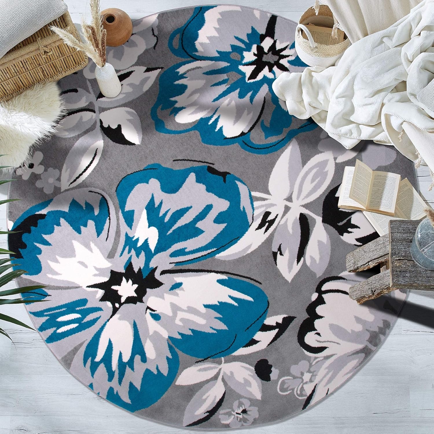 Modern Floral Design Area Rug for Living Room,Bedroom,Home Office,Kitchen Non Shedding round Rugs 6' 6" Blue (6' 6" Diameter) - Puck's