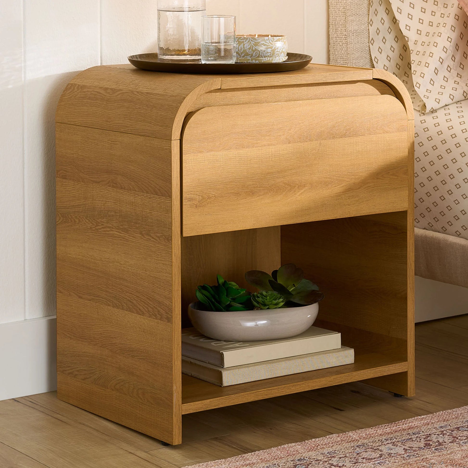 Juliet Nightstand with USB, Light Honey Finish - Puck's