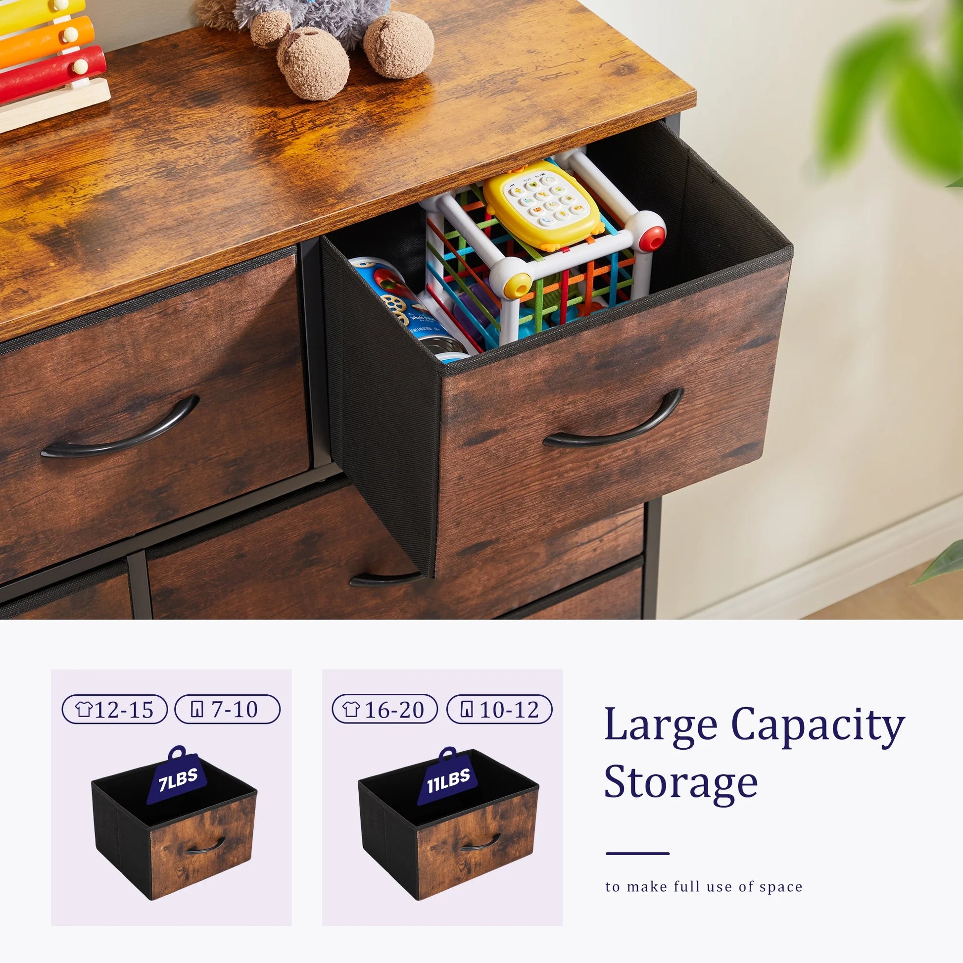7 Drawer Dresser, Wide Chest of Drawers Nightstand Storage Tower Storage Dresser Fabric Dresser for Living Room, Bedroom, Hallway, Rustic Brown - Puck's