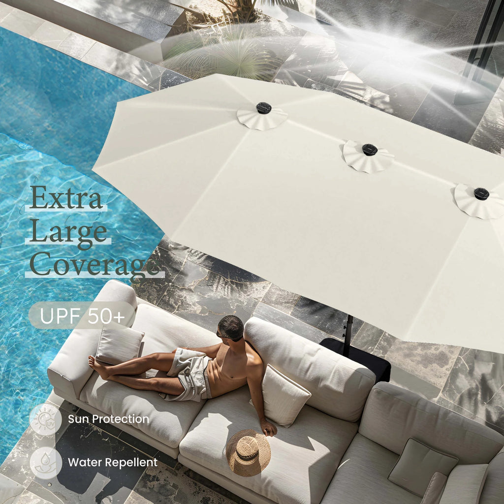 15Ft Double-Sided Solar Patio Umbrella with Base (Included) Large Outdoor Umbrella with Solar Lights - Ivory - Puck's