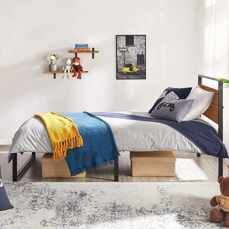 Twin Size Bed Frame, Single Metal Platform Bed with Rustic Wooden Headboard and Footboard, No Box Spring Needed/12 Inch Underbed Storage Space/No Noise/Easy Assembly, Walnut - Puck's